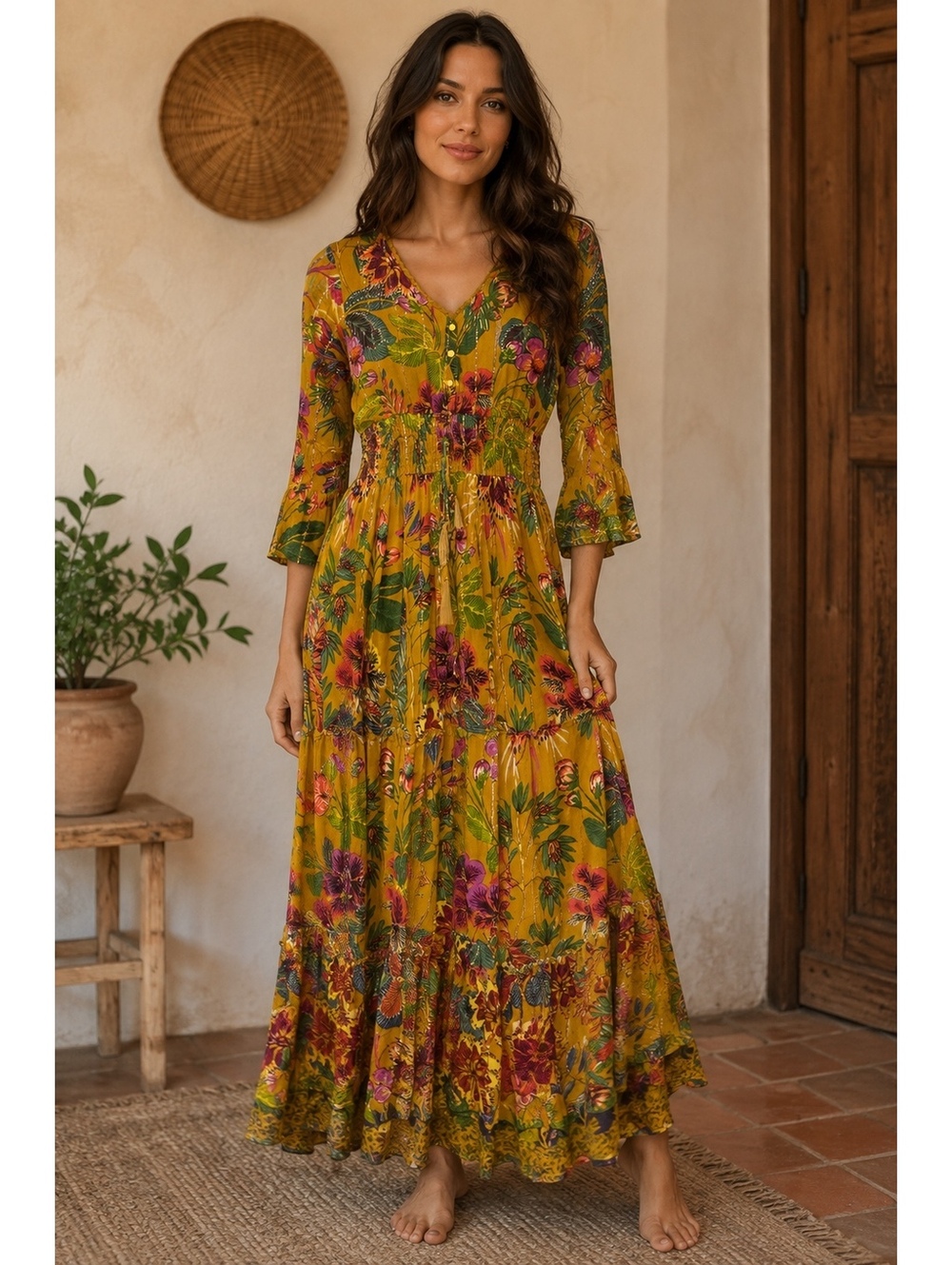 Me2 Magic Small Mustard Floral Boho Maxi Dress Metallic Gold Tiered